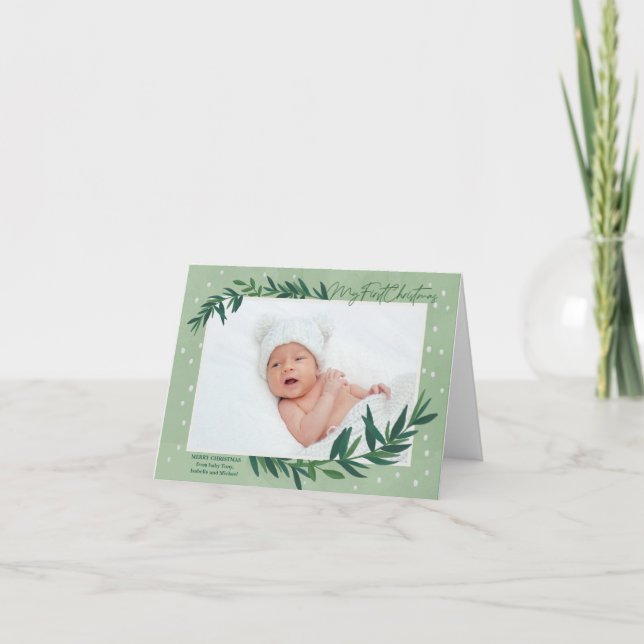  My First Christmas Modern Botanical Baby Photo Holiday Card (Front)