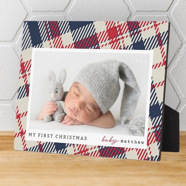 My First Christmas Modern Plaid Baby Photo Plaque (Creator Uploaded)