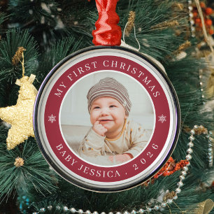 My First Christmas Modern Red Newborn Baby Photo Metal Ornament