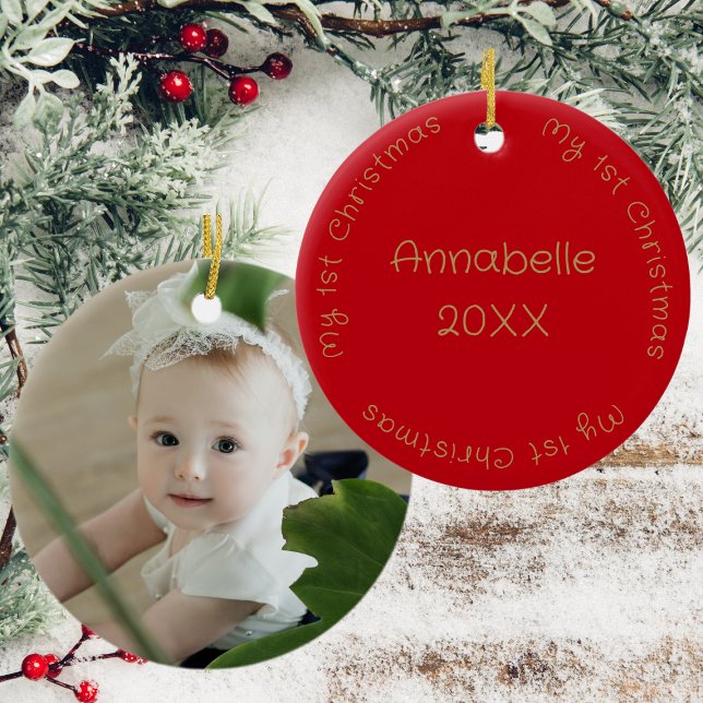 My First Christmas Name And Photo Red And Gold Ceramic Ornament (Back And Front)