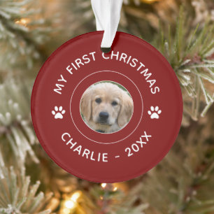 My First Christmas Name Photo Fun Dog Mom Dad Red Ornament