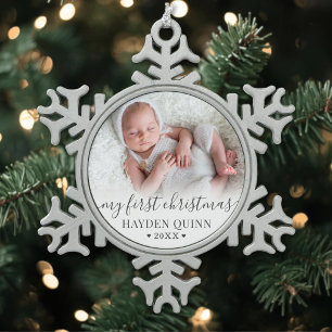 My First Christmas New Baby Photo Snowflake Pewter Christmas Ornament