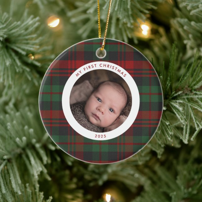 My First Christmas New Baby Plaid Photo Holiday Ceramic Ornament (Tree)