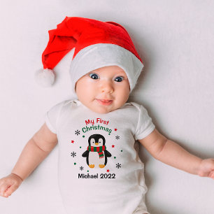 My First Christmas Penguin Baby Name Bodysuit