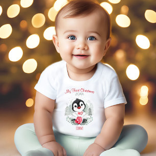 My First Christmas Penguin Personalized Name Baby T-Shirt