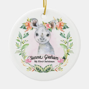 My First Christmas Personalized Baby Girl Rhino Ceramic Ornament