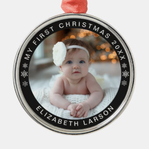 My First Christmas Personalized Baby Photo Black Metal Ornament