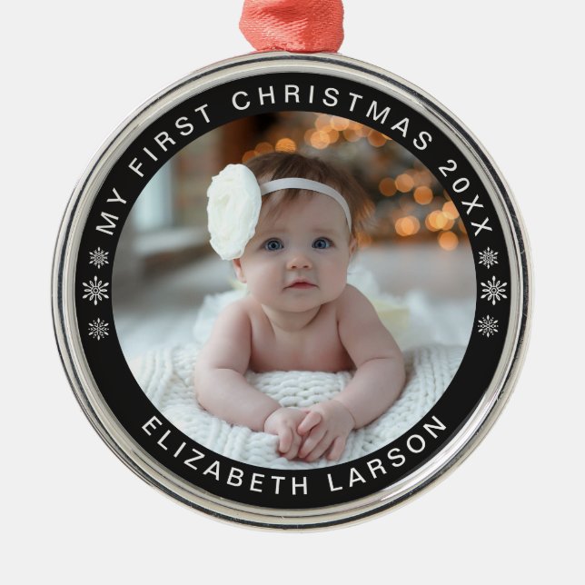 My First Christmas Personalized Baby Photo Black Metal Ornament (Front)