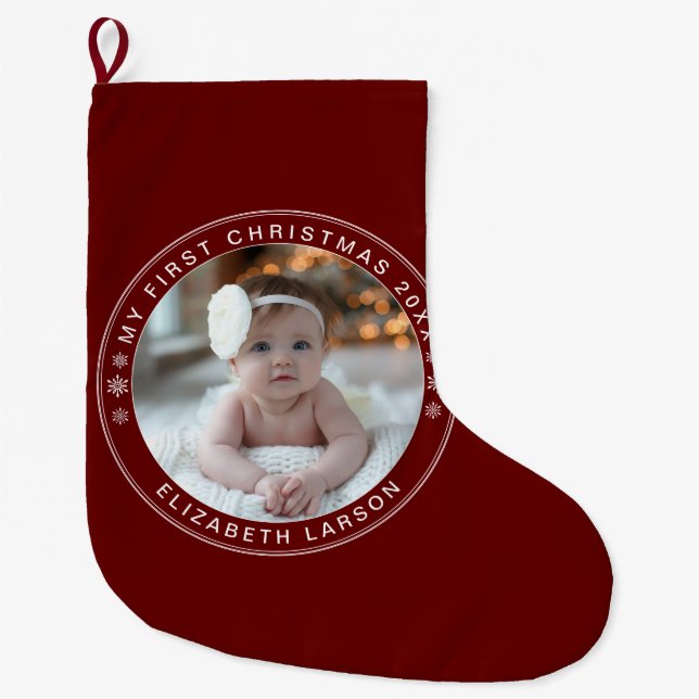 My First Christmas Personalized Baby Photo Red Large Christmas Stocking (Front)