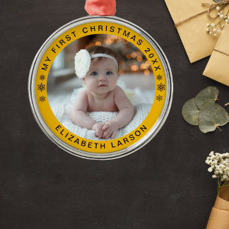 My First Christmas Personalized Baby Photo Red Metal Ornament