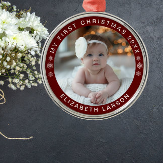 My First Christmas Personalized Baby Photo Red Metal Ornament