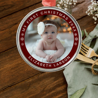 My First Christmas Personalized Baby Photo Red Metal Ornament