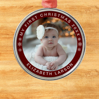 My First Christmas Personalized Baby Photo Red Metal Ornament