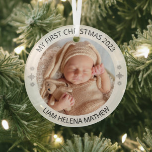 My First Christmas Personalized Elegant Baby Photo Glass Ornament