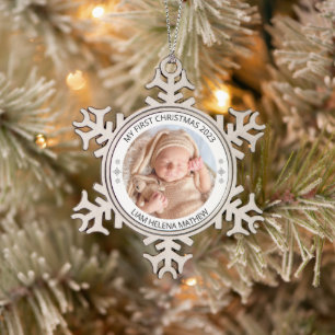 My First Christmas Personalized Elegant Baby Photo Snowflake Pewter Christmas Ornament