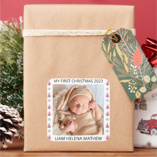 My First Christmas Personalized Elegant Baby Photo Square Sticker