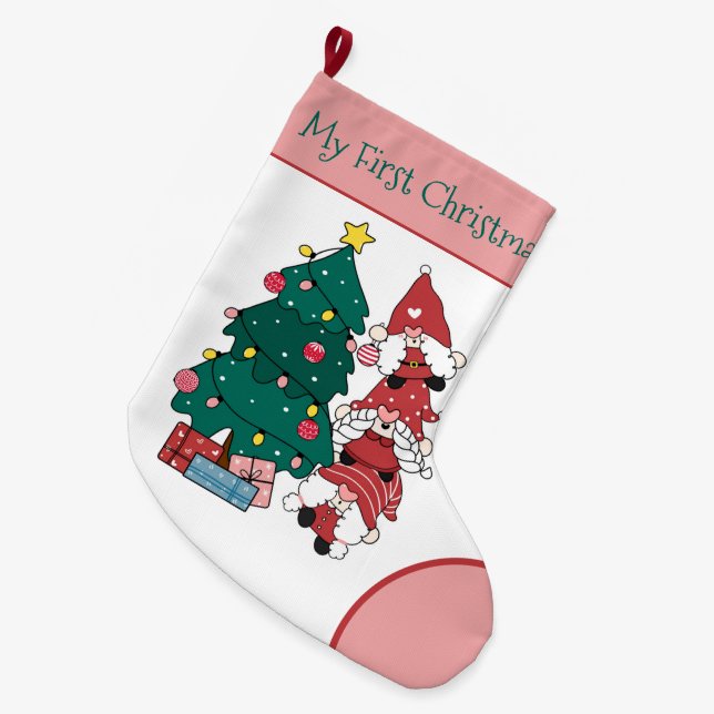 My First Christmas Personalized Gnomes  Large Christmas Stocking (Front (Hanging))