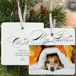 My First Christmas Pet Photo Elegant Calligraphy Ceramic Ornament<br><div class="desc">My First Christmas pet photo ornament which you can personalize with your favourite photo and custom wording on the back. Elegant typographic design lettered with My First Christmas in swirly calligraphy and classic print. All the text,  except My First Christmas is editable.</div>