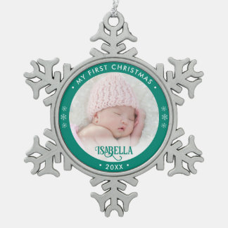 My First Christmas Photo Green Snowflake Pewter Christmas Ornament