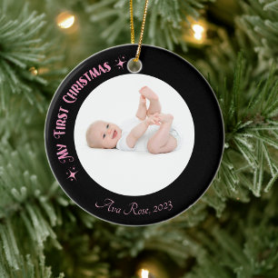 My First Christmas Photo Name Custom Modern Pink Ceramic Ornament