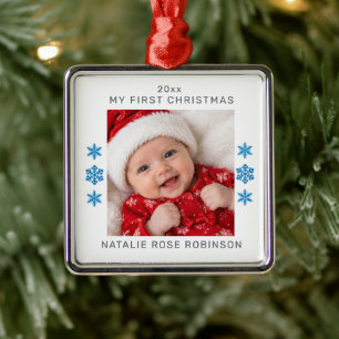 My First Christmas Photo Personalized Name Year Metal Ornament