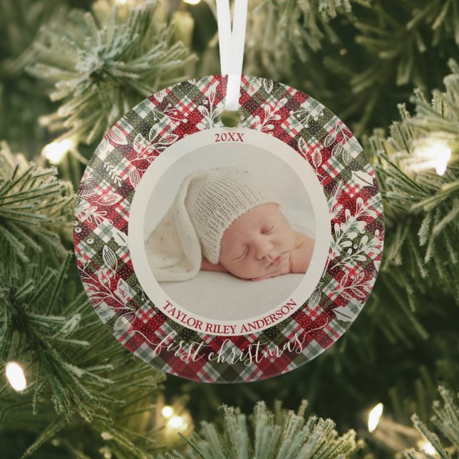 My First Christmas Photo Plaid Glass Ornament (Insitu)