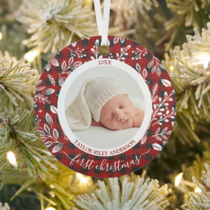 My First Christmas Photo Plaid Metal Ornament