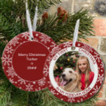 My First Christmas | Photo Red Snowflake Ceramic Ornament<br><div class="desc">My First Christmas ornament personalized with your photo and custom text. This holiday ornament is red and decorated with white snowflakes. It is lettered with "my first christmas in my forever home" and you are welcome to edit "in my forever home" to wording of your choice. The back has more...</div>