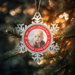 My First Christmas Photo Snowflake Pewter Christmas Ornament<br><div class="desc">Customize this photo and text with your own message for the occasion. A great keepsake for baby's first christmas; Click "Customize It" to change fonts,  colours and sizes of the border as well. Text will remain in circular arc.</div>