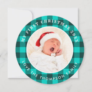 My First Christmas Photo Teal Plaid Circular Holiday Card