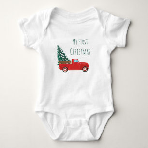 My First Christmas Pickup Truck Christmas Tree Red Baby Bodysuit