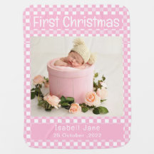 My First Christmas Pink Buffalo Plaid Baby Photo 