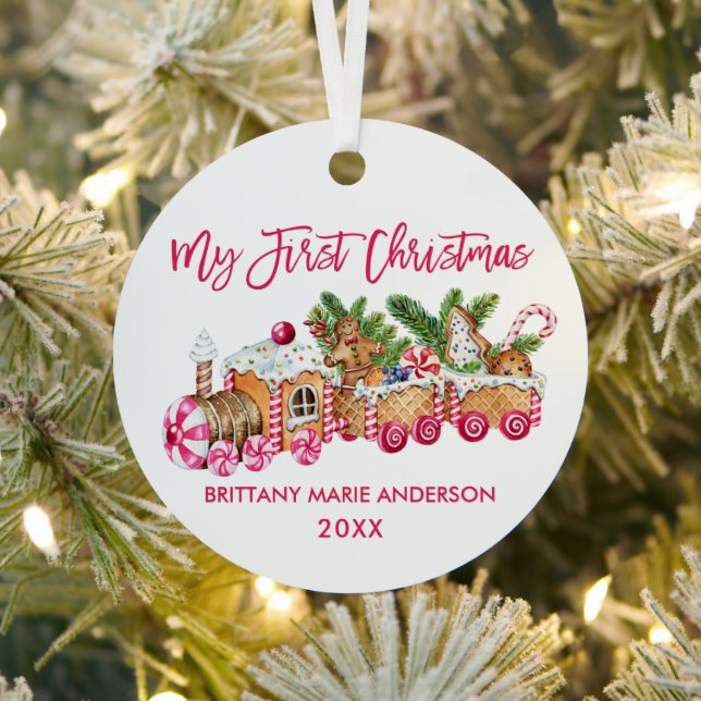 My First Christmas Pink Gingerbread Train Baby Metal Ornament (Insitu)