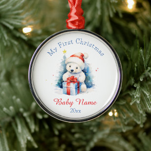 My First Christmas Polar Bear Custom Name Keepsake Metal Ornament