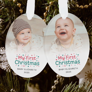 My First Christmas Red and Green Cute Baby Photo Ornament