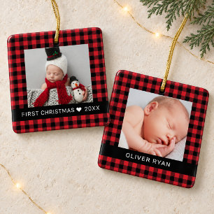 My First Christmas Red Buffalo Plaid Baby Photo Ceramic Ornament