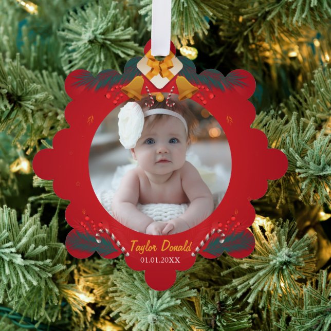 My First Christmas Red Personalized Baby Name Ornament Card (Insitu (Tree))