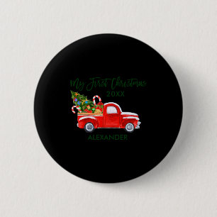 My First Christmas Red Truck Candy Canes Gray Baby 2 Inch Round Button