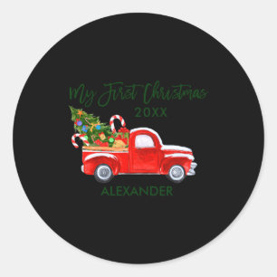 My First Christmas Red Truck Candy Canes Gray Baby Classic Round Sticker