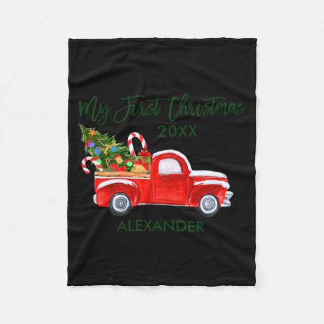 My First Christmas Red Truck Candy Canes Gray Baby Fleece Blanket (Front)