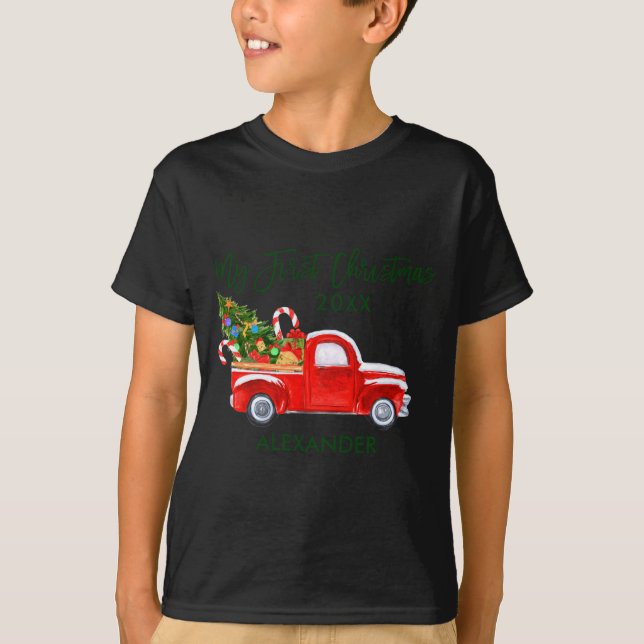 My First Christmas Red Truck Candy Canes Gray Baby T-Shirt (Front)