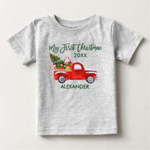 My First Christmas Red Truck Candy Canes Grey Baby T-Shirt