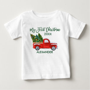 My First Christmas Red Truck Green Script Baby T-Shirt