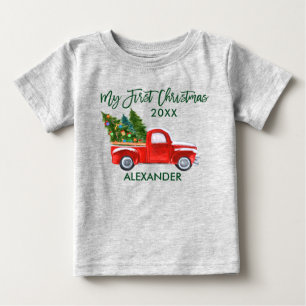 My First Christmas Red Truck Green Script Grey Baby T-Shirt