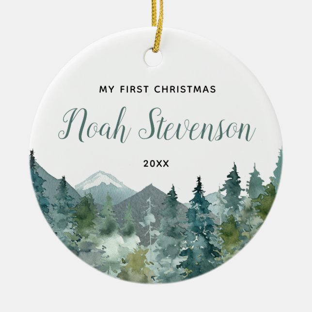 My first Christmas rustic mountains baby boy girl Ceramic Ornament (Front)
