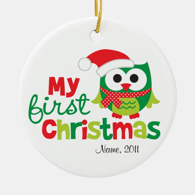 My First Christmas Santa Owl Ceramic Ornament (Front)