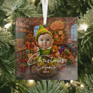 My First Christmas Santas Little Helper Photo Glass Ornament