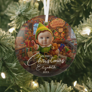 My First Christmas Santas Little Helper Photo Glass Ornament