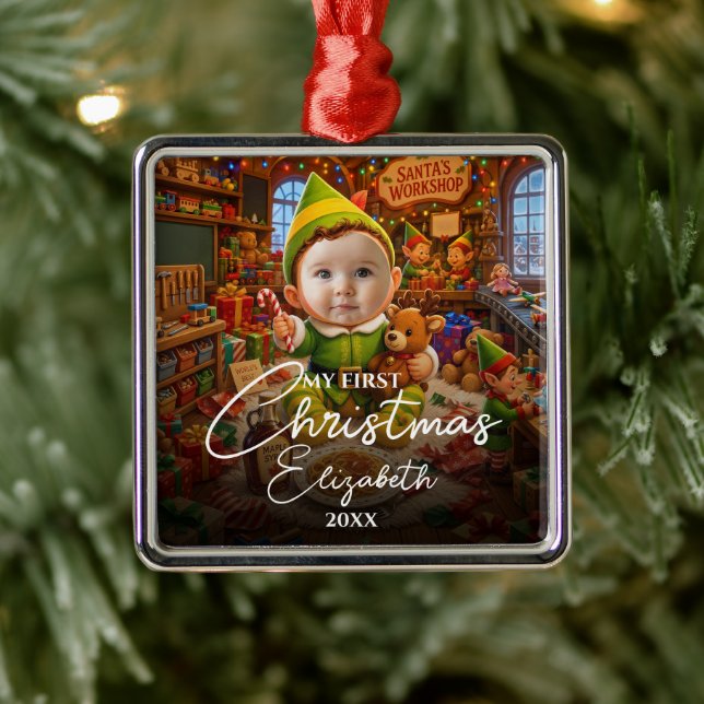 My First Christmas Santas Little Helper Photo Metal Ornament (Tree)