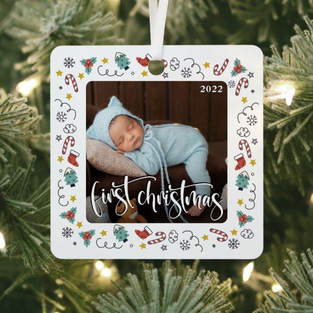 My First Christmas Script Baby Birth Stats & Photo Metal Ornament (Insitu)